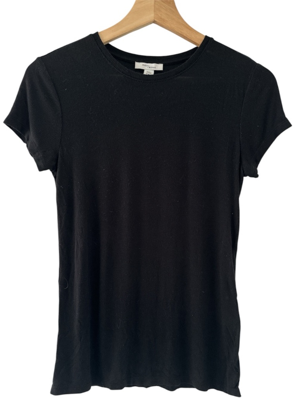 Daily Ritual Black Ribbed Crewneck Tee Soft Stretch Small Minimalist Layer Y2K